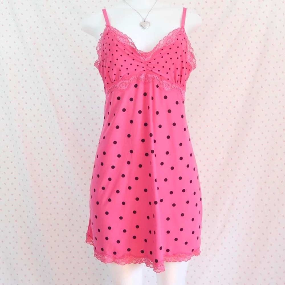 vintage secret treasures pink polka dot lace slip dress y2k coquette